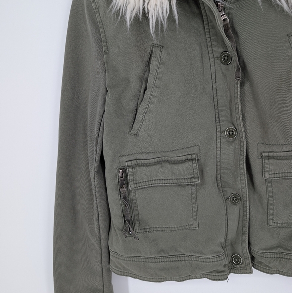 Anthropologie Marrakech Utility Military Jacket Faux Fur Collar Army Green - Picture 3 of 7